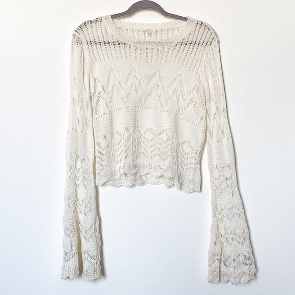 Anthropologie Mystree Pointelle Cropped Sweater Bell Sleeve Top - Picture 8 of 12